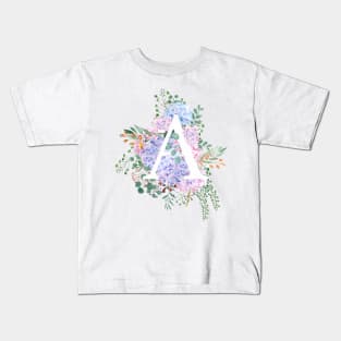 botanical monogram alphabet A hydrangea flowers Kids T-Shirt